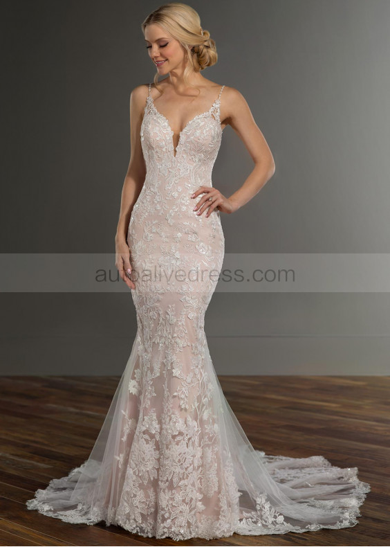 Sleeveless Beaded Ivory Lace Tulle Deep V Back Wedding Dress With Pink Lining